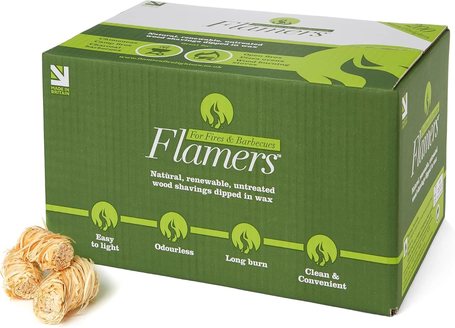 Flamers 200 Natural Firelighters For Woodburner, Firepit, BBQ, Pizza Oven, Chimenea